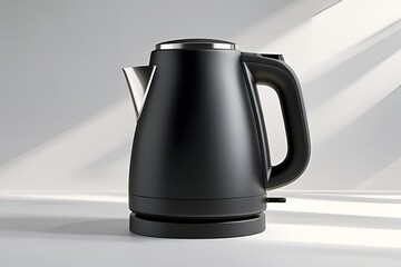 A matte black electric kettle shown from the front view, placed on a seamless white background, soft diffused lighting highlighting the kettle’s shape and texture.