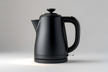 A matte black electric kettle shown from the front view, placed on a seamless white background, soft diffused lighting highlighting the kettle’s shape and texture.