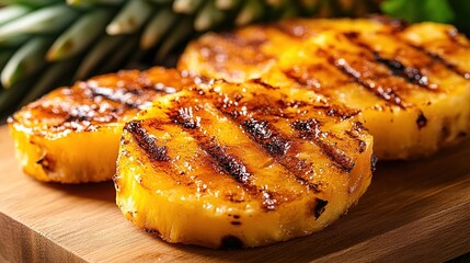 Four perfectly grilled pineapple rings, caramelized and slightly charred, rest on a light brown wooden cutting board, with a blurred pineapple in the background