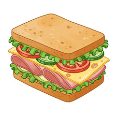 Sandwich with fresh lettuce, tomato, ham, and cheese. Vector cartoon illustration