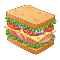 Sandwich with fresh lettuce, tomato, ham, and cheese. Vector cartoon illustration