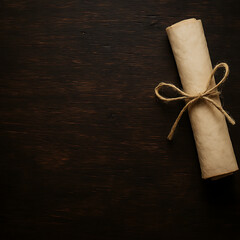 Antique Paper Scroll Tied with Twine on Dark Wooden Background