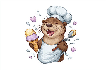 Joyful Cartoon Otter Chef Holding Ice Cream Cone. Cute Animal Dessert Character. Perfect for children's designs, food mascots, educational materials, and dessert branding.