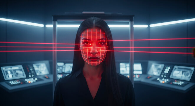 Woman with Red Grid Overlay on Face in a High Tech Security Control Room with Computer Screens