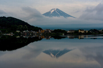 Beautiful landscape of Fuji mountain and Kawaguchiko lake at sunrise,  Japan