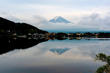 Beautiful landscape of Fuji mountain and Kawaguchiko lake at sunrise,  Japan