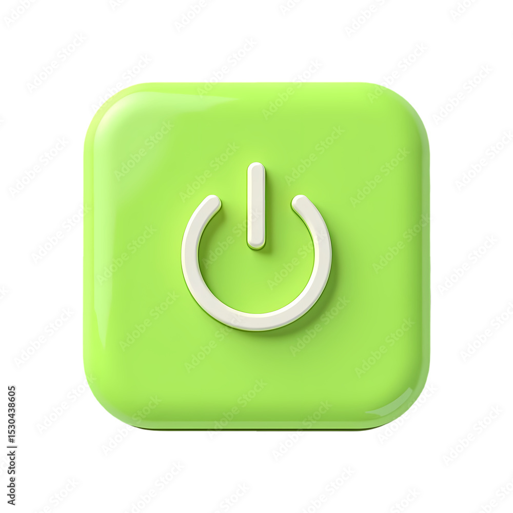 Aufkleber a green square button with a white power symbol in the center icon isolated on transparent backgroun