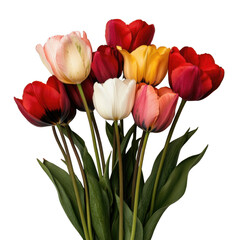 Fototapeta premium Vibrant bouquet of tulips in various colors, including red, white, and yellow, stands gracefully against plain background. fresh flowers are in full bloom, showcasing their delicate petals