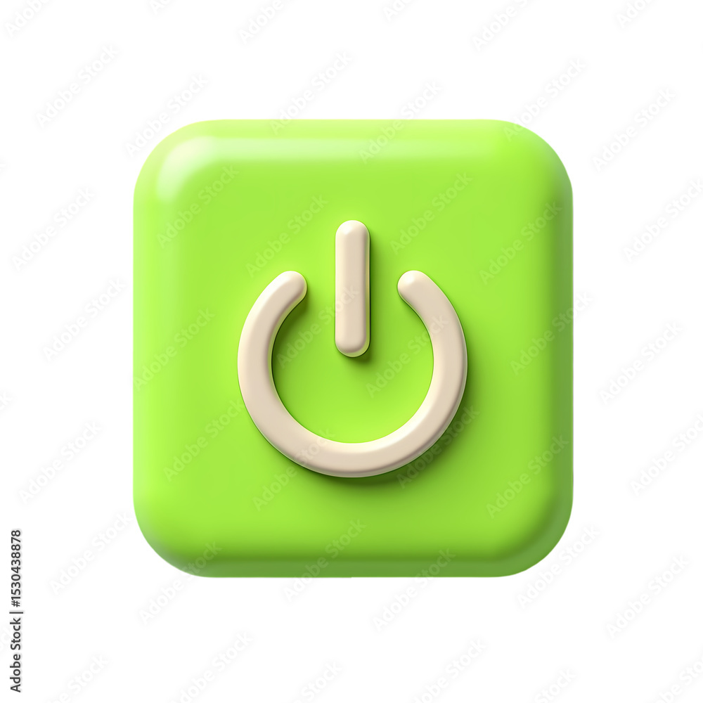 Poster a green square button with a white power symbol in the center view isolated on transparent backgroun