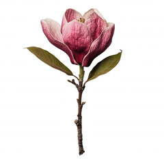 Single pink magnolia flower with green leaves on branch, isolated on transparency background, showcasing its delicate petals and natural beauty