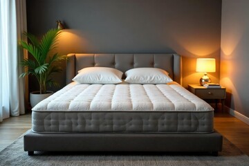 Fototapeta premium A luxurious, plush mattress bed, inviting and comfortable, perfect for a restful night's sleep Experience ultimate relaxation and support , queen, king, headboard
