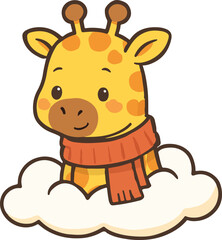 Obraz premium Giraffe on Cloud A cute giraffe wears a scarf sitting on cloud illustration.