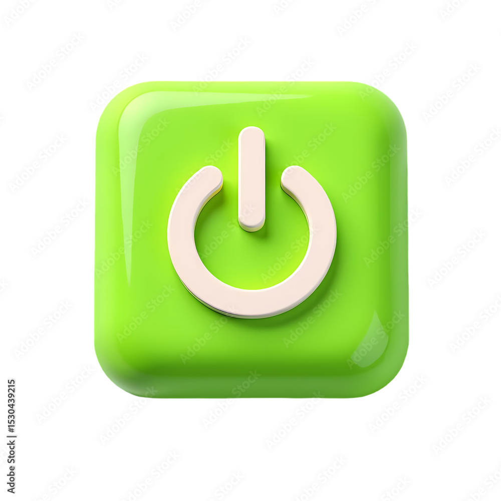 Poster a green square button with a white power symbol in the center view isolated on transparent backgroun