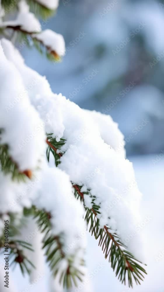 Poster evergreen branches are covered in fresh white snow creating a serene winter landscape with delicate 