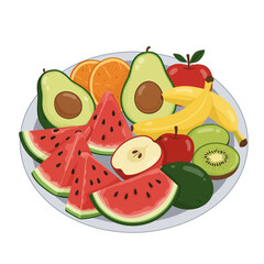 A colorful assortment of fruits and vegetables, including watermelon, apples, oranges, and bananas. Concept of abundance and freshness, with the various fruits