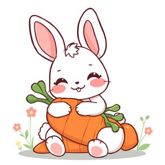 Adorable White Bunny Hugging Large Carrots in Springtime Meadow