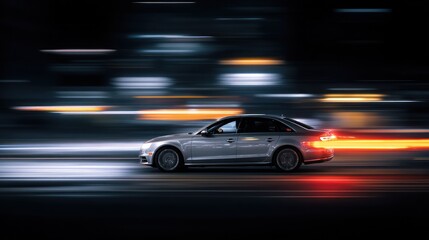Fast moving car at night in the city street