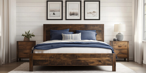 Rustikales Holzbett mit gelben Kissen und zwei Nachttischen vor einer weißen Wand mit drei Posterrahmen. Modernes Schlafzimmer im Landhausstil.