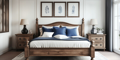 Rustikales Holzbett mit gelben Kissen und zwei Nachttischen vor einer weißen Wand mit drei Posterrahmen. Modernes Schlafzimmer im Landhausstil.