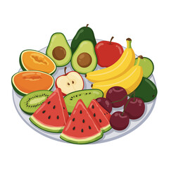 A colorful assortment of fruits and vegetables, including watermelon, apples, oranges, and bananas. Concept of abundance and freshness, with the various fruits