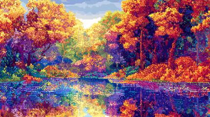 Vibrant Autumn Forest Scene with Colorful Trees Reflecting in Calm Water