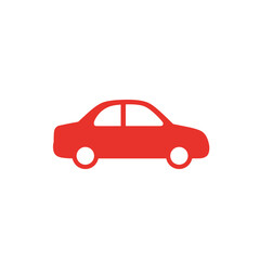 Fototapeta premium Red car parked on a sunny street with trees and buildings in the background