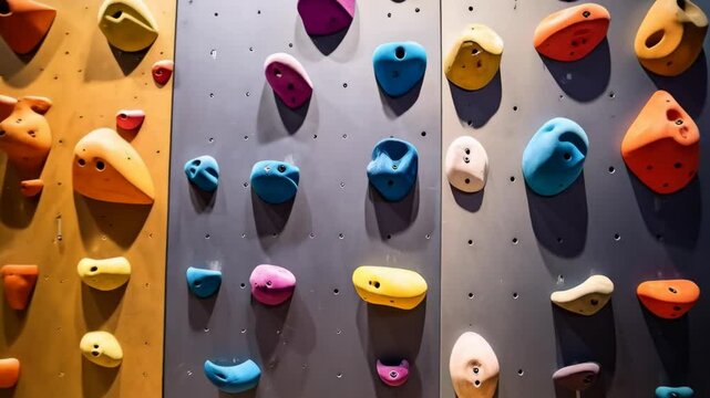 Indoor rock climbing wall featuring colorful hand holds for climbers training strength and agility in a fitness environment - Powered by Adobe