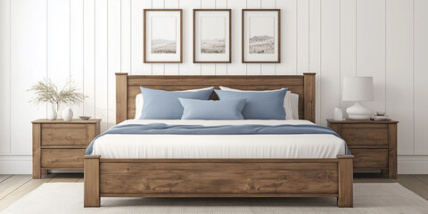 Rustikales Holzbett mit gelben Kissen und zwei Nachttischen vor einer weißen Wand mit drei Posterrahmen. Modernes Schlafzimmer im Landhausstil.