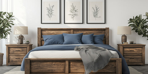 Rustikales Holzbett mit gelben Kissen und zwei Nachttischen vor einer weißen Wand mit drei Posterrahmen. Modernes Schlafzimmer im Landhausstil.