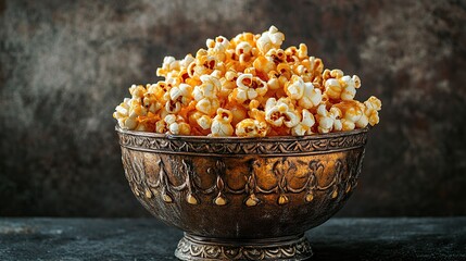 Caramel popcorn overflowing from an ornate, dark bronze bowl, set against a rustic, mottled brown background.  The popcorn is golden-brown, glistening with caramel