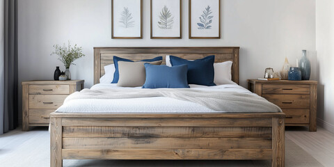 Rustikales Holzbett mit gelben Kissen und zwei Nachttischen vor einer weißen Wand mit drei Posterrahmen. Modernes Schlafzimmer im Landhausstil.
