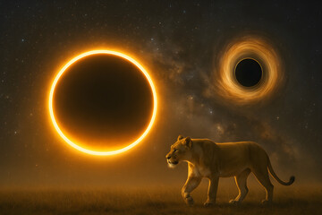 Fototapeta premium sun and black holes as well as views of lions in the aesthetic meadow