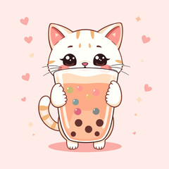 Adorable Kitten Enjoying Bubble Tea, Kawaii Style Illustration