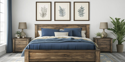 Rustikales Holzbett mit gelben Kissen und zwei Nachttischen vor einer weißen Wand mit drei Posterrahmen. Modernes Schlafzimmer im Landhausstil.