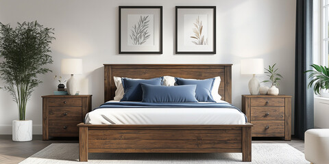 Rustikales Holzbett mit gelben Kissen und zwei Nachttischen vor einer weißen Wand mit drei Posterrahmen. Modernes Schlafzimmer im Landhausstil.