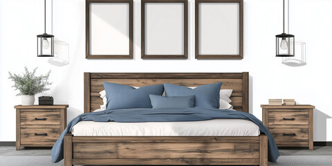 Rustikales Holzbett mit gelben Kissen und zwei Nachttischen vor einer weißen Wand mit drei Posterrahmen. Modernes Schlafzimmer im Landhausstil.