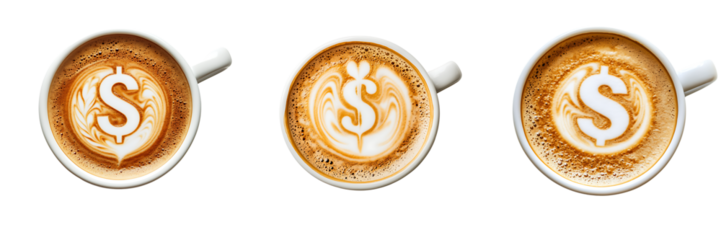 Set of Four top-down views of white ceramic coffee cups  Dollar Sign Latte Art Collection on Transparent Background

