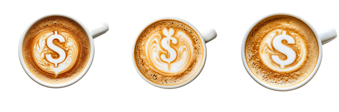 Set of Four top-down views of white ceramic coffee cups  Dollar Sign Latte Art Collection on Transparent Background
