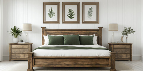 Rustikales Holzbett mit gelben Kissen und zwei Nachttischen vor einer weißen Wand mit drei Posterrahmen. Modernes Schlafzimmer im Landhausstil.