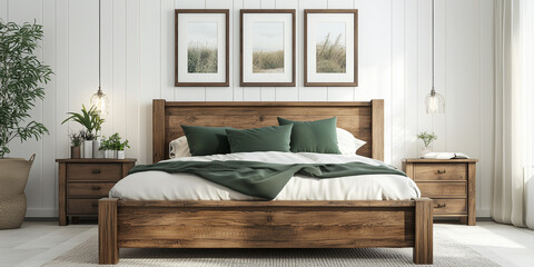 Rustikales Holzbett mit gelben Kissen und zwei Nachttischen vor einer weißen Wand mit drei Posterrahmen. Modernes Schlafzimmer im Landhausstil.