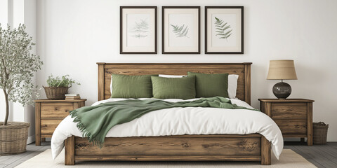 Rustikales Holzbett mit gelben Kissen und zwei Nachttischen vor einer weißen Wand mit drei Posterrahmen. Modernes Schlafzimmer im Landhausstil.