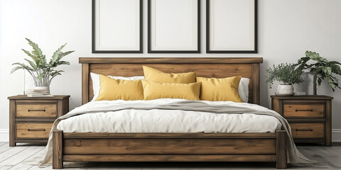 Rustikales Holzbett mit gelben Kissen und zwei Nachttischen vor einer weißen Wand mit drei Posterrahmen. Modernes Schlafzimmer im Landhausstil.