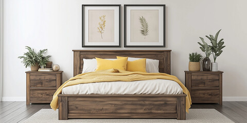 Rustikales Holzbett mit gelben Kissen und zwei Nachttischen vor einer weißen Wand mit drei Posterrahmen. Modernes Schlafzimmer im Landhausstil.