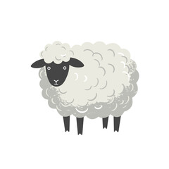 Cute cartoon sheep with fluffy wool standing on a white background, ideal for children's designs