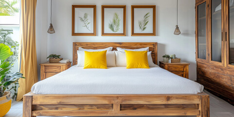 Rustikales Holzbett mit gelben Kissen und zwei Nachttischen vor einer weißen Wand mit drei Posterrahmen. Modernes Schlafzimmer im Landhausstil.