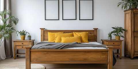 Rustikales Holzbett mit gelben Kissen und zwei Nachttischen vor einer weißen Wand mit drei Posterrahmen. Modernes Schlafzimmer im Landhausstil.