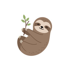 Cute cartoon sloth holding a branch, set against a minimalist white background
