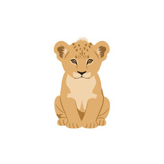 Cute lion cub sitting calmly against a white background, ideal for children's content