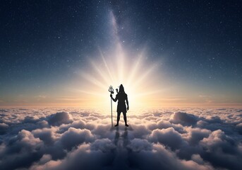 Fototapeta premium Shiva, the Destroyer, Stands Above the Clouds at Sunrise