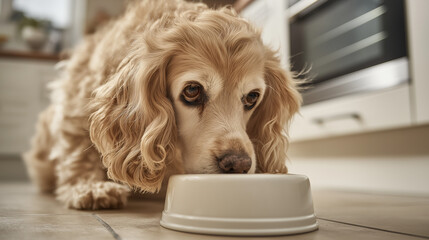Cocker spaniel dog eating food drinking water from bowl 